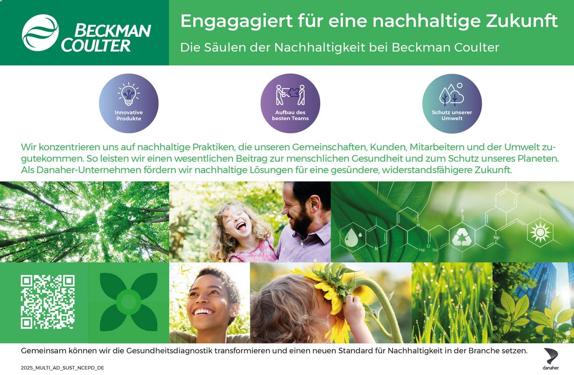 Werbegrafik von Beckman Coulter zur Nachhaltigkeit mit den Schwerpunkten innovative Produkte, Teamarbeit und Umweltschutz, ergänzt durch Natur- und Familienbilder.