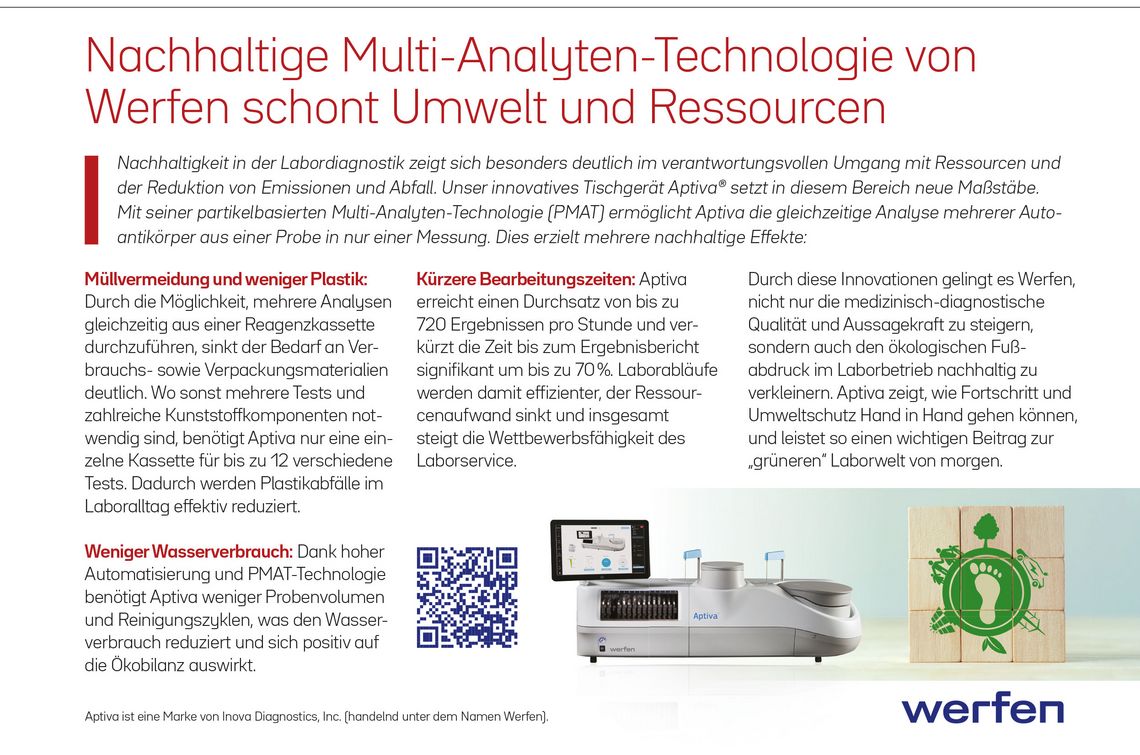 Werbeanzeige von Werfen zur nachhaltigen Multi-Analyt-Technologie Aptiva mit Vorteilen wie weniger Plastik, reduziertem Wasserverbrauch und kürzeren Bearbeitungszeiten.