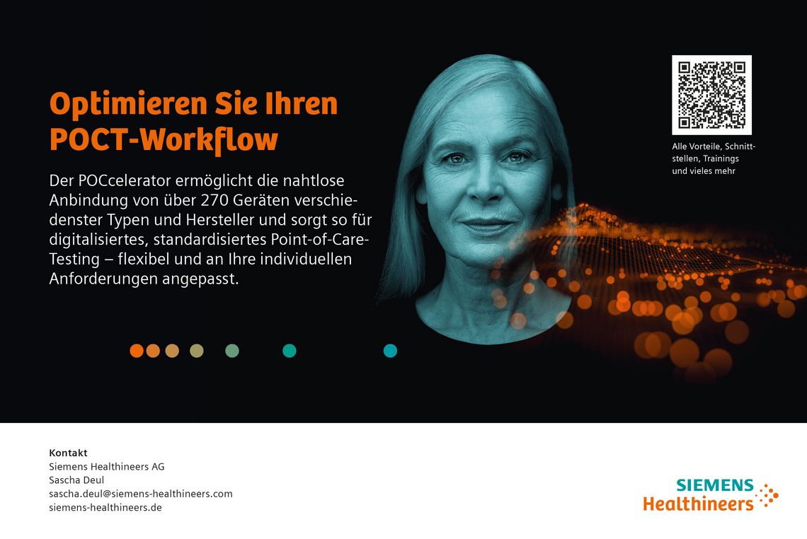 Werbeanzeige von Siemens Healthineers für den POCcelerator, der über 270 Geräte vernetzt und einen digitalisierten, standardisierten Point-of-Care-Workflow ermöglicht.