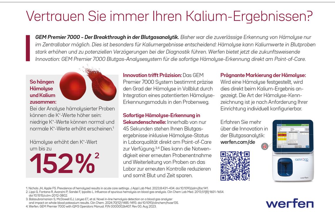 Werbeanzeige von Werfen für das GEM Premier 7000 Blutanalysegerät mit sofortiger Hämolyse-Erkennung zur Sicherstellung verlässlicher Kalium-Ergebnisse direkt am Point-of-Care.