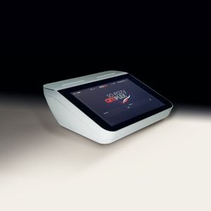 Laborgerät „Amplex easyMini“ mit integriertem Touchscreen, dargestellt als kompaktes Tischgerät vor dunklem Hintergrund. Das Display zeigt die Benutzeroberfläche der Analyse-Software.