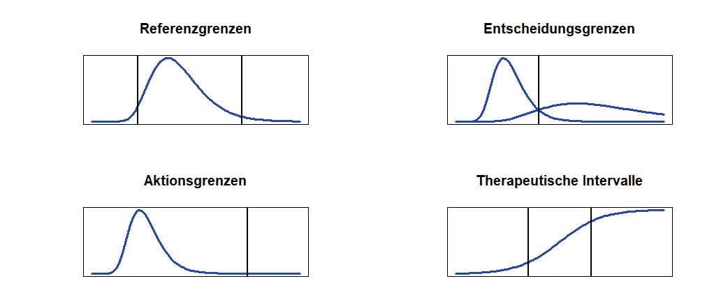 Grafik mit vier Diagrammen zur Klassifizierung klinischer Entscheidungsgrenzen: Referenzgrenzen, Entscheidungsgrenzen, Aktionsgrenzen und therapeutische Intervalle.